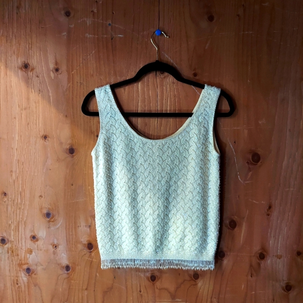 First Lady Vintage Cream Wool Beaded Sleeveless Top